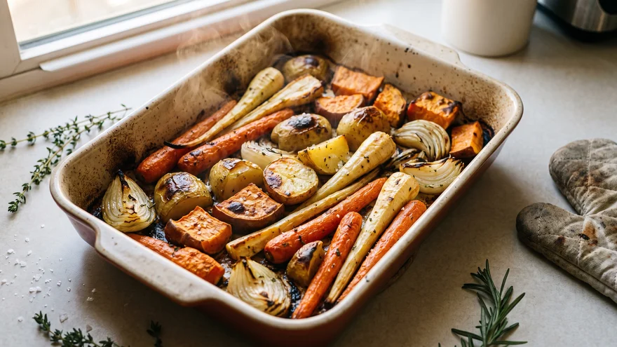 Roasted root vegetables with crispy caramelized edges fresh from a fan oven