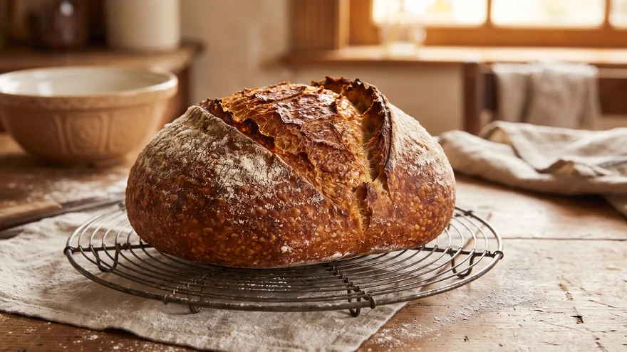 Artisan sourdough bread with a crisp golden crust cooling on a wire rack
