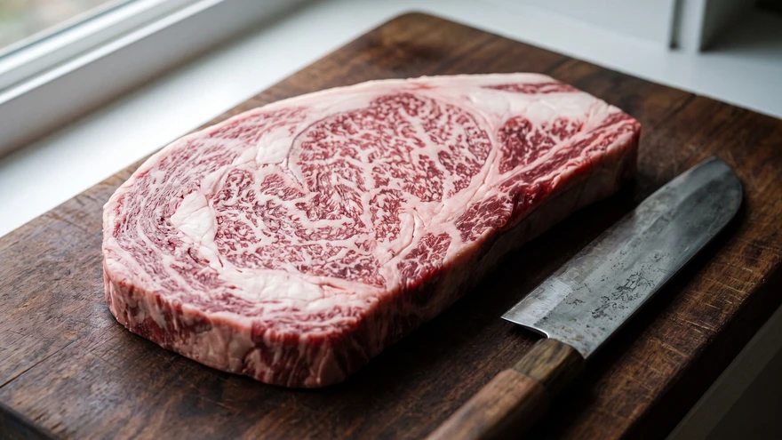 Raw A5 Wagyu beef showing dense marbling on a wooden butcher board