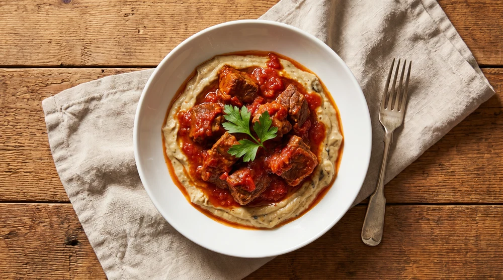 Braised Lamb Stew Over Smoky Eggplant Puree