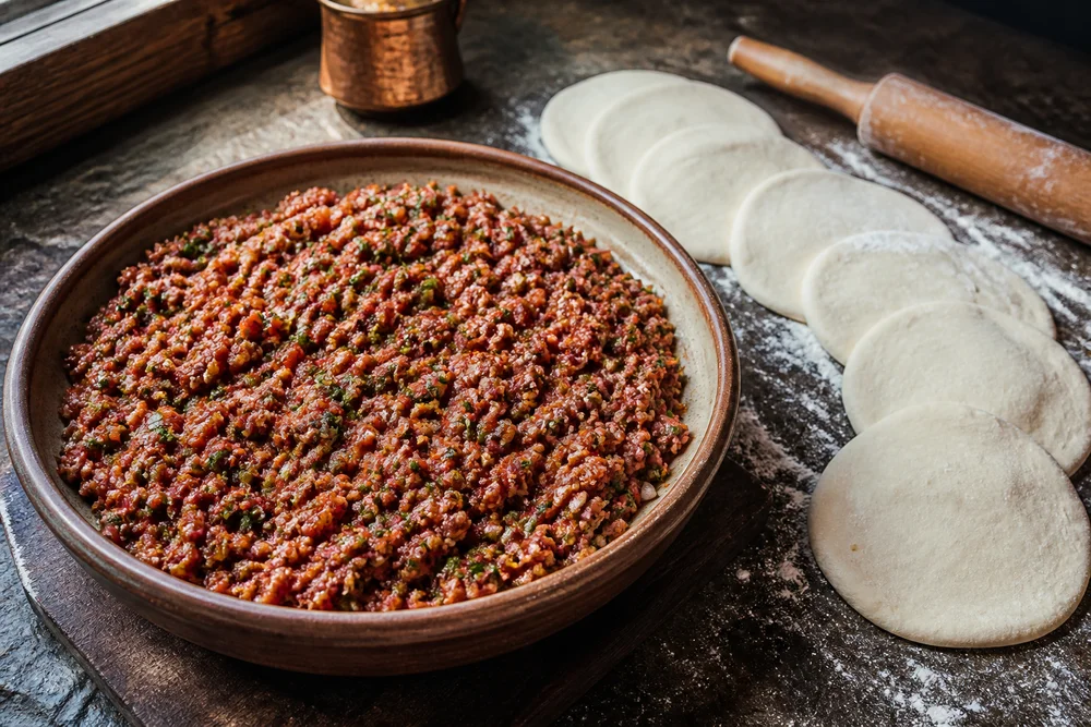 Lahmacun meat topping and dough preparation