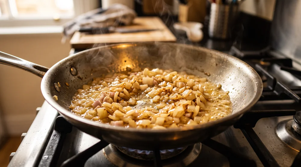Diced onions and shallots sauteing together in a stainless steel skillet until golden and softened