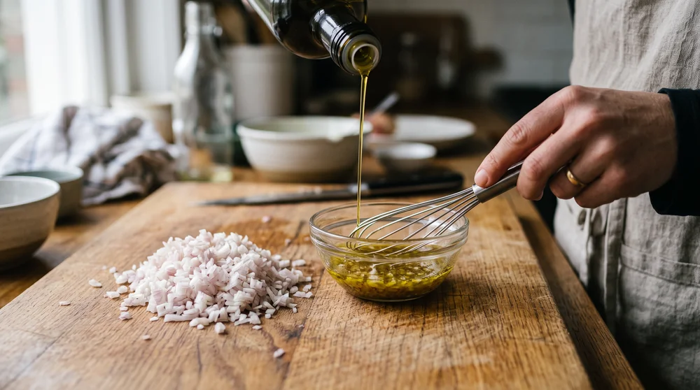 Finely minced raw shallots on a wooden cutting board beside a bowl of vinaigrette with a whisk and olive oil