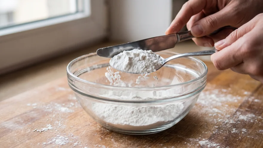 Leveling a heaping tablespoon of baking powder with a knife over a glass mixing bowl