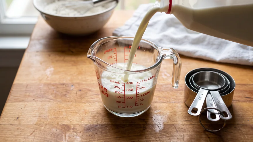 Milk being poured into a glass liquid measuring cup with milliliter and cup markings next to nested metal measuring cups