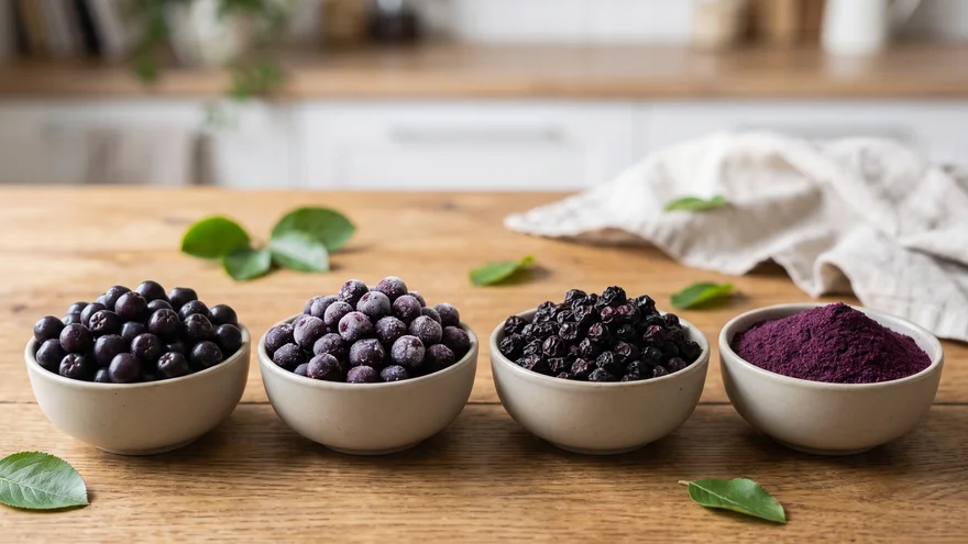 Four bowls of fresh, frozen, dried and powdered aronia berries